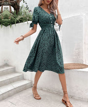 Short Sleeve Women Midi Boho Women Dress | Green Leopard Summer Sun Dress Gift for Her, Perfect for Beach & Parties