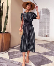 Women's Polka Dot Short Sleeve Black Midi Boho Dresses | Crew-Neck Summer Sun Dresses | Ideal Gift for Her, Perfect for Beach & Parties