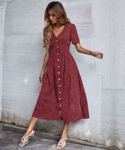 Short Sleeve Polka Dot Boho Midi Summer Dress | Front Button Polka Dot Pattern Women Dress, Ideal Gift for Women Perfect for Beach & Parties