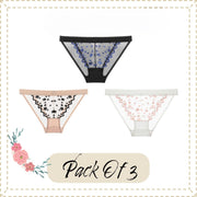 Lace Briefs Designed Panties For Women | Pack of 3 Star Embroidered High-Cut Brief Women's Underwear | Sexy Panties Collection, Women's Gift