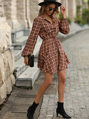 Long Sleeve Check Pattern Mini Women Dress Shirt | Boho Women Dress for Autumn and Fall Dresses Gift For Her