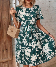 Green Floral Boho Mini Women's Summer Sun Dress | Short Sleeve Crew-Neck Summer Sun Dresses, Perfect Gift for Her | Ideal for Beach & Party