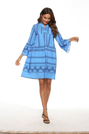 Long Sleeve Mini Women Dress | Blue Beautiful Pattern Boho Mini Summer Sun Dress for Women Gift For Her | Perfect Party Dress