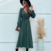 Long Sleeve Green Midi Boho Dress For Women | V-neck Leopard Pattern Sun Dress | Ideal Gift for Women, Perfect for Beach & Parties