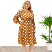 Long Sleeve Plus Size Women Midi Dress Polka Dot Design