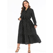 Long Sleeve Polka Dot Black Women Midi Dress Long  Sleeve Plus Size Dress