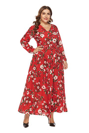 Robe d'été à manches longues à fleurs rouges pour femmes