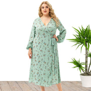 Robe mi-longue à manches longues à fleurs pour femmes