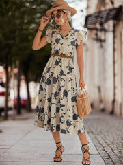 Robe bohème mi-longue à motif floral pour femmes à manches courtes