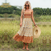Sommer-Boho-Kleid mit Blumenmuster für Damen: schulterfreies Sommerkleid mit Midi-Muster
