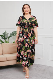 Kurzarm Schwarz Plus Size Floral Damen Kleid Maxi Boho Damen Kleid