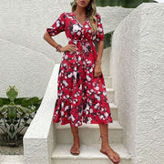 Half Sleeve Midi Floral Pattern Summer Women Boho Summer Sun Dresses