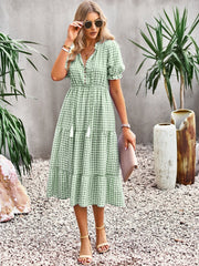 Short Sleeve Midi Check Pattern Women Summer V-Neck Style Boho Women Dress