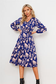 Long Sleeve Midi Floral Wrap Pattern Summer Women Dress