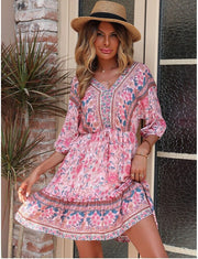 Half Sleeve Mini Floral Pattern Summer Women Boho Summer Sun Dress